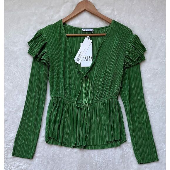 NWT Zara Green Ruffled Pleated Crinkled Long Sleeve Blouse, Size Small - Picture 10 of 13